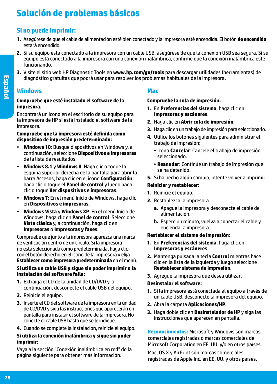 Solución de problemas básicos, Es pañol, Mac windows | Si no puede imprimir | HP DeskJet 3700 User Manual | Page 28 / 85