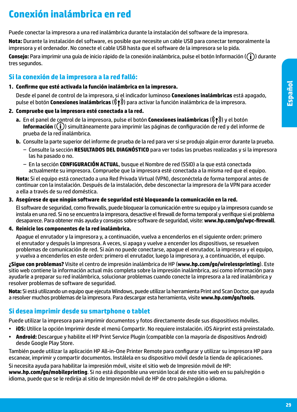 Conexión inalámbrica en red, Es pañol | HP DeskJet 3700 User Manual | Page 29 / 85