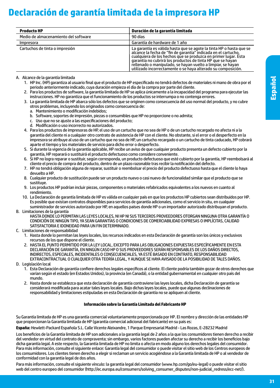 Es pañol | HP DeskJet 3700 User Manual | Page 31 / 85