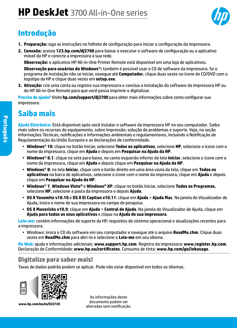 Português, Hp deskjet, 3700 all-in-one series | Introdução, Saiba mais, Digitalize para saber mais, Por tuguê s | HP DeskJet 3700 User Manual | Page 32 / 85