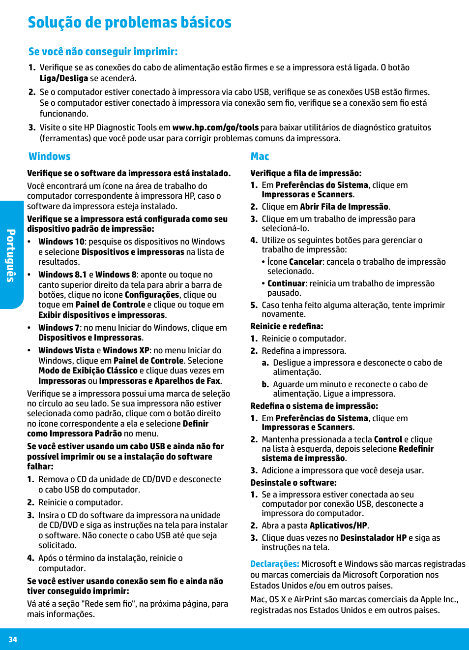 Solução de problemas básicos, Por tuguê s, Mac windows | Se você não conseguir imprimir | HP DeskJet 3700 User Manual | Page 34 / 85