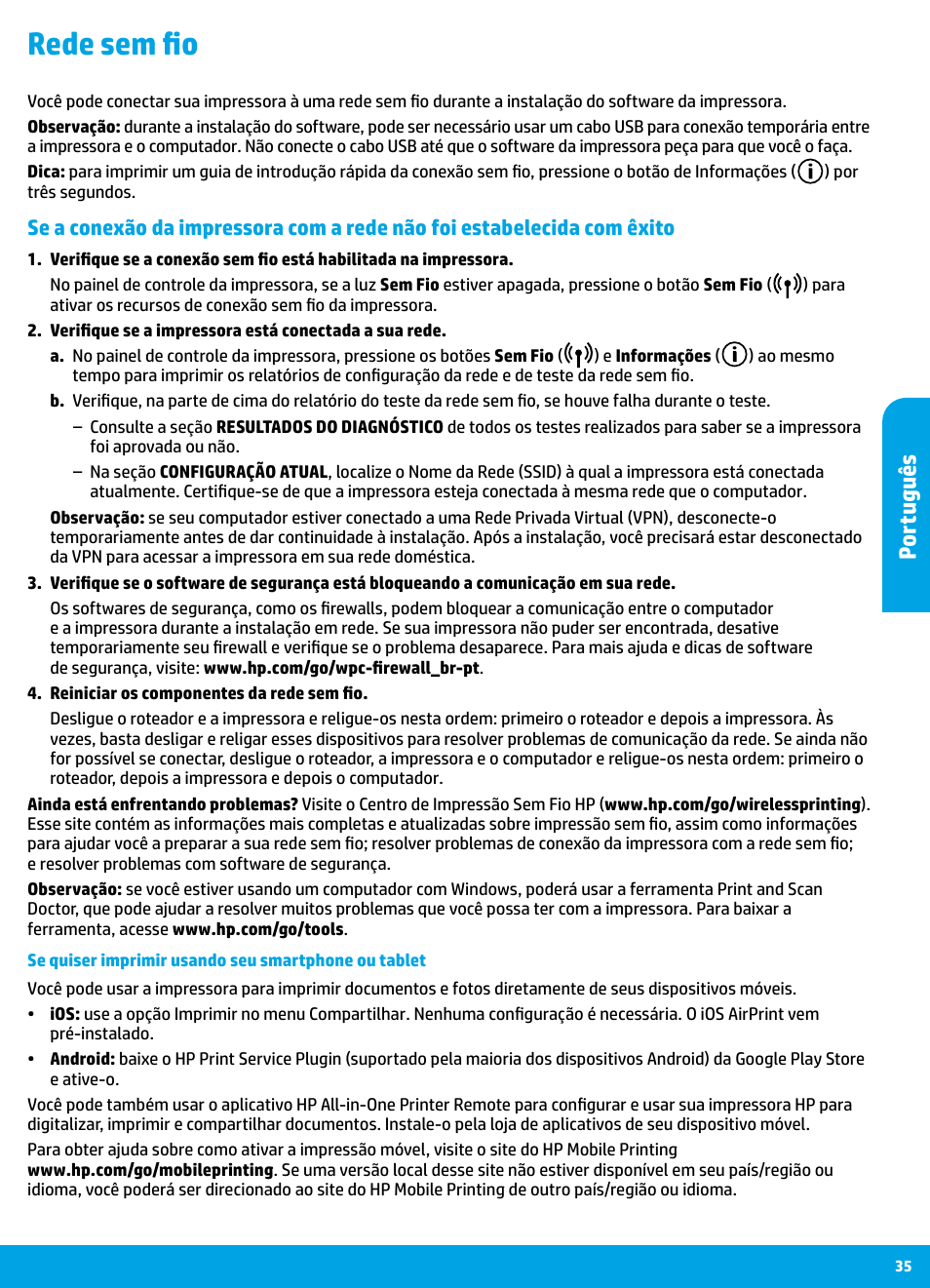 Rede sem fio, Por tuguê s | HP DeskJet 3700 User Manual | Page 35 / 85