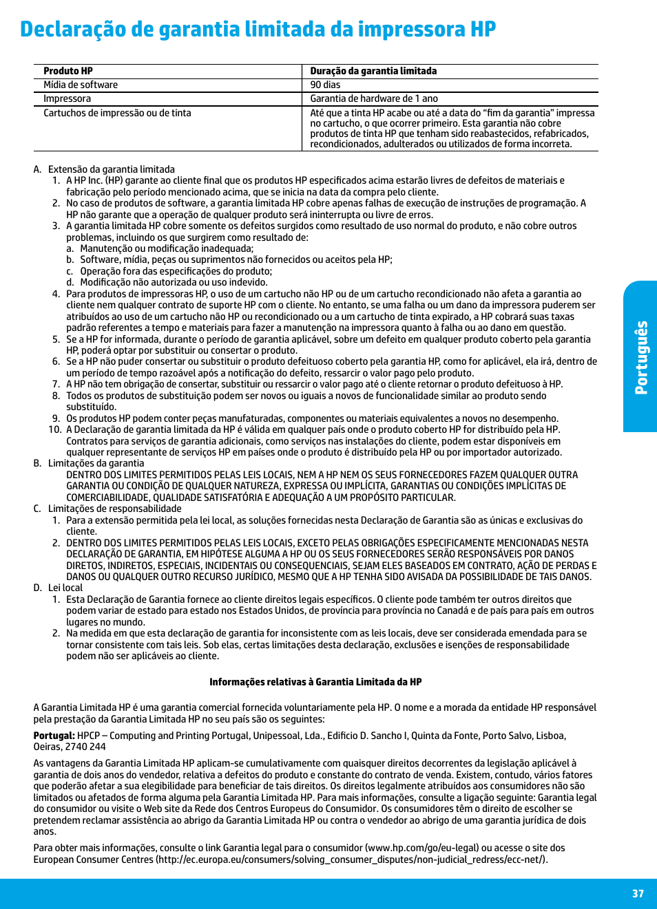 Declaração de garantia limitada da impressora hp, Por tuguê s | HP DeskJet 3700 User Manual | Page 37 / 85