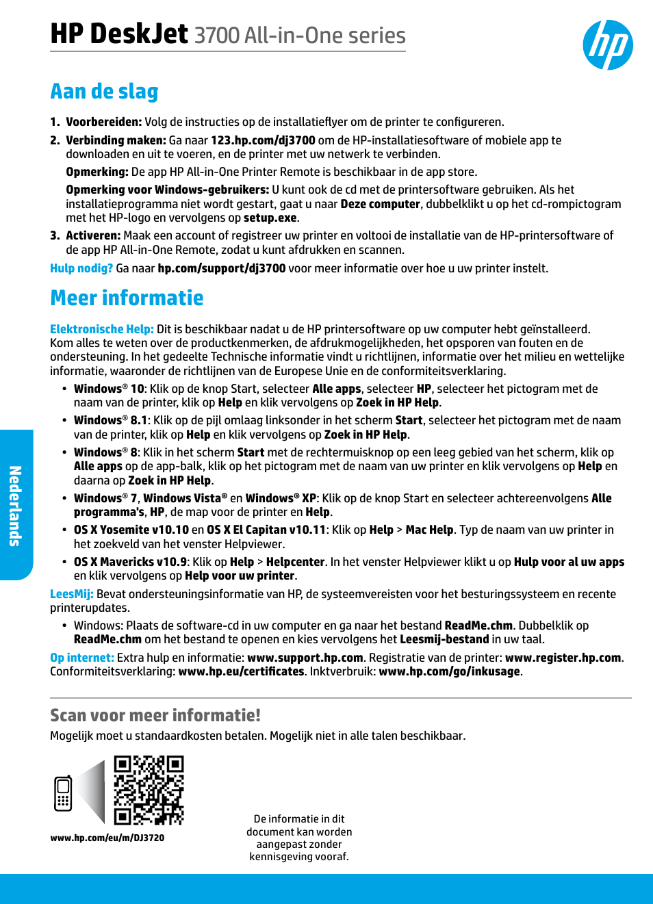 Nederlands, Hp deskjet, 3700 all-in-one series | Aan de slag, Meer informatie, Scan voor meer informatie | HP DeskJet 3700 User Manual | Page 38 / 85