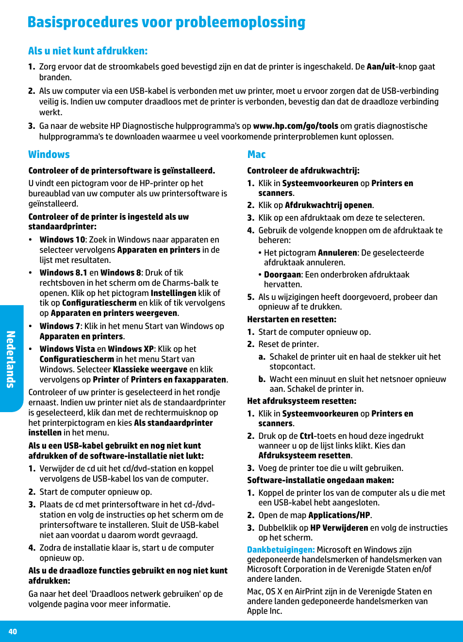 Basisprocedures voor probleemoplossing, Nederlands, Mac windows | Als u niet kunt afdrukken | HP DeskJet 3700 User Manual | Page 40 / 85