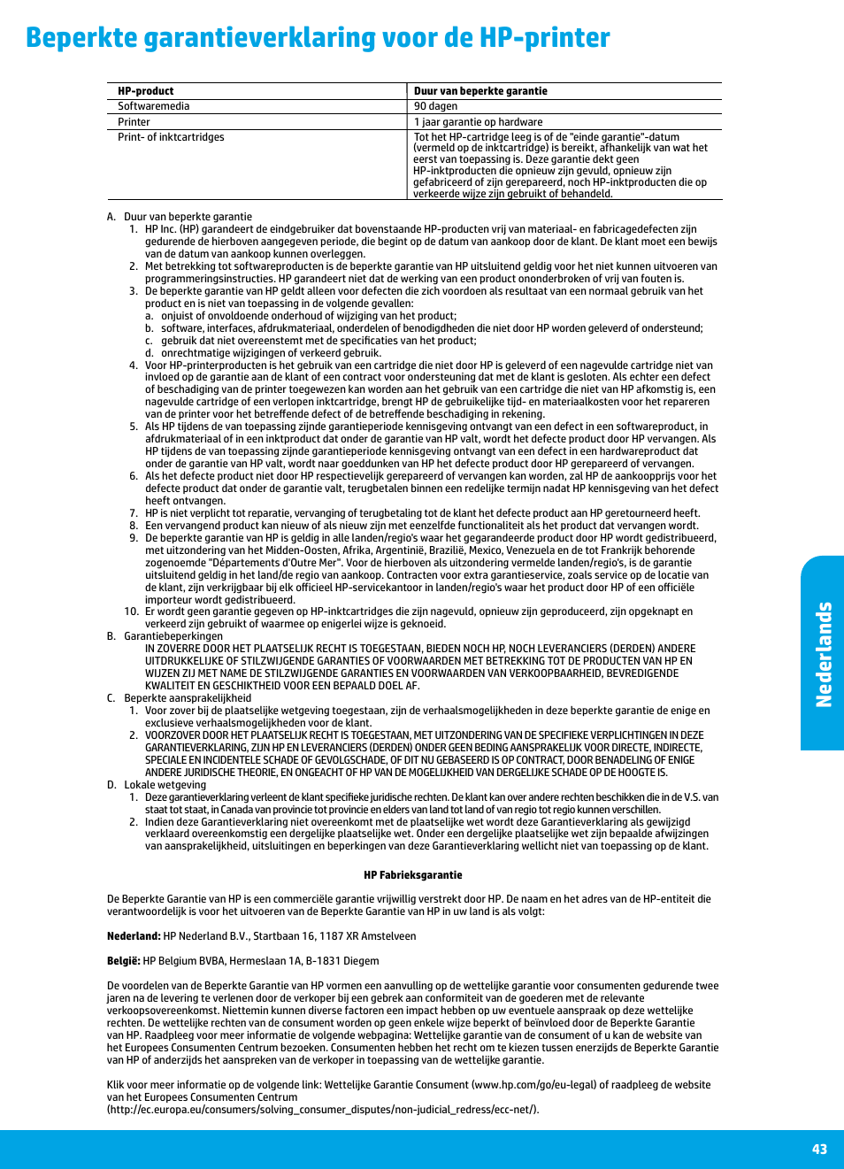 Beperkte garantieverklaring voor de hp-printer, Nederlands | HP DeskJet 3700 User Manual | Page 43 / 85