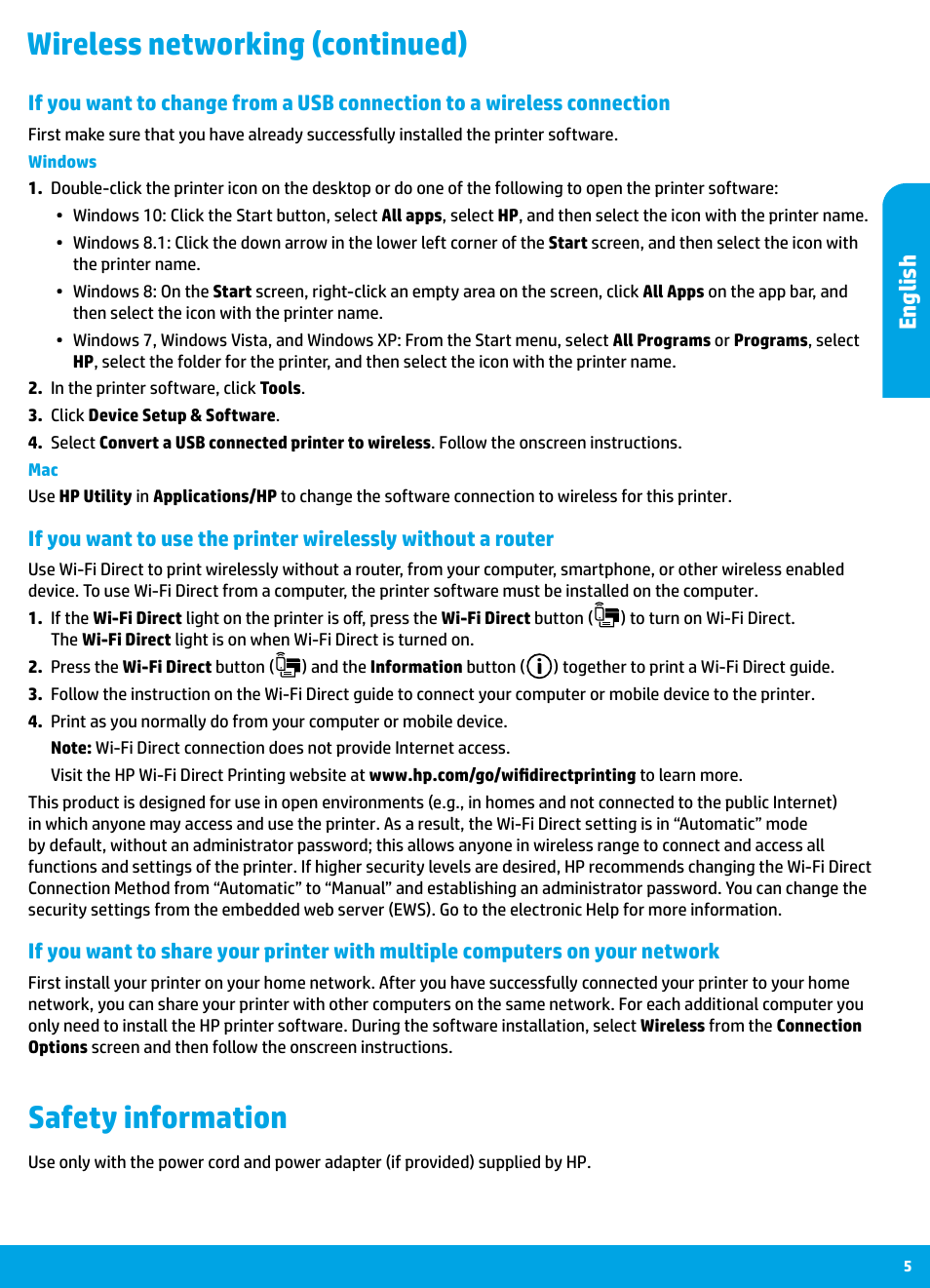 Wireless networking (continued) safety information, English | HP DeskJet 3700 User Manual | Page 5 / 85