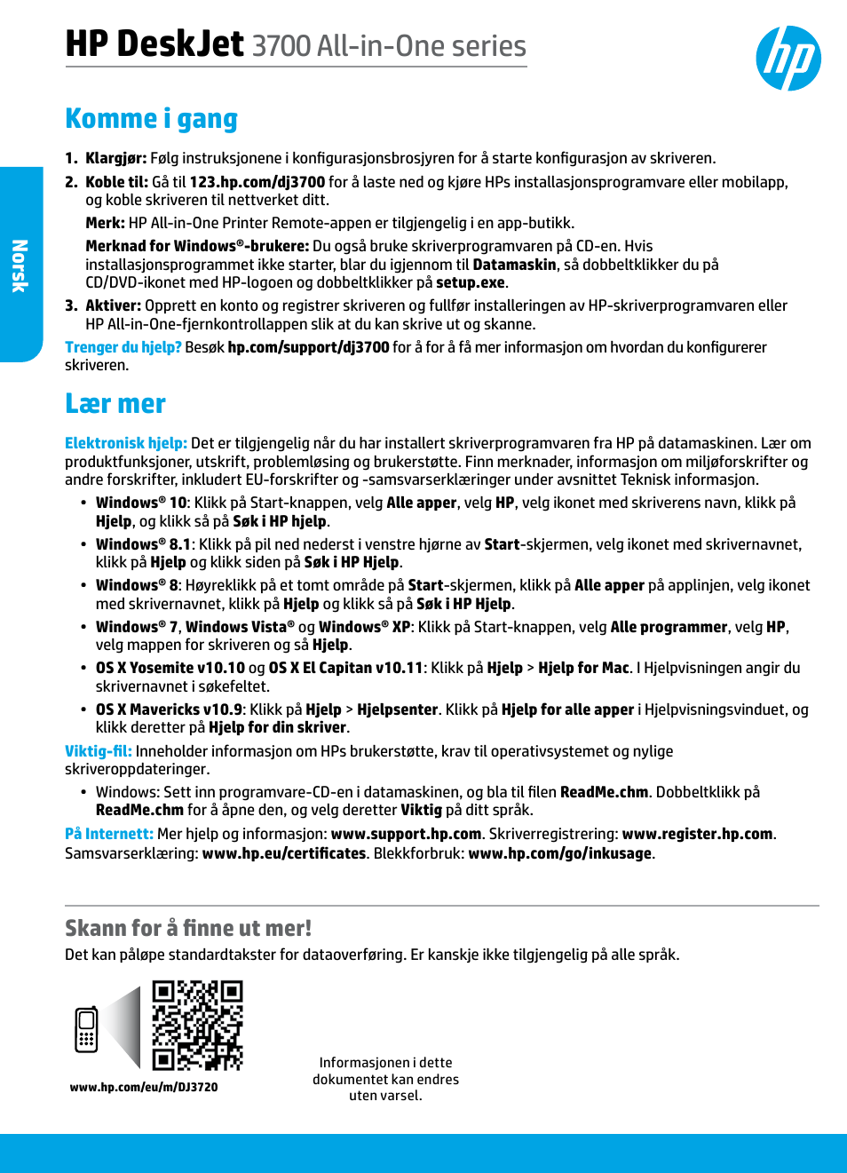 Norsk, Hp deskjet, 3700 all-in-one series | Komme i gang, Lær mer, Skann for å finne ut mer, Nor sk | HP DeskJet 3700 User Manual | Page 50 / 85