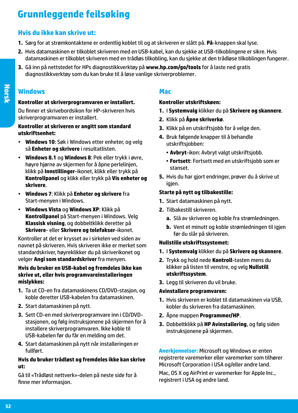 Grunnleggende feilsøking, Nor sk, Mac windows | Hvis du ikke kan skrive ut | HP DeskJet 3700 User Manual | Page 52 / 85