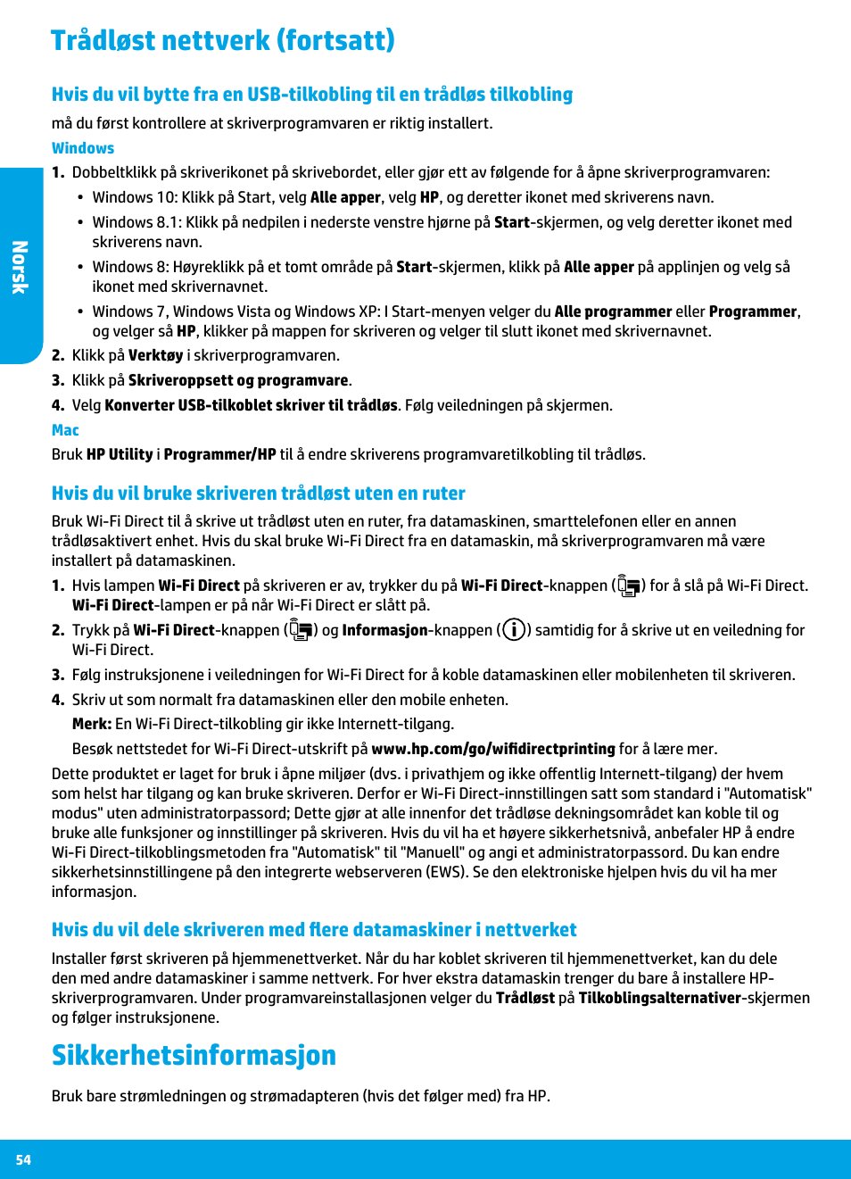 Trådløst nettverk (fortsatt) sikkerhetsinformasjon, Nor sk | HP DeskJet 3700 User Manual | Page 54 / 85