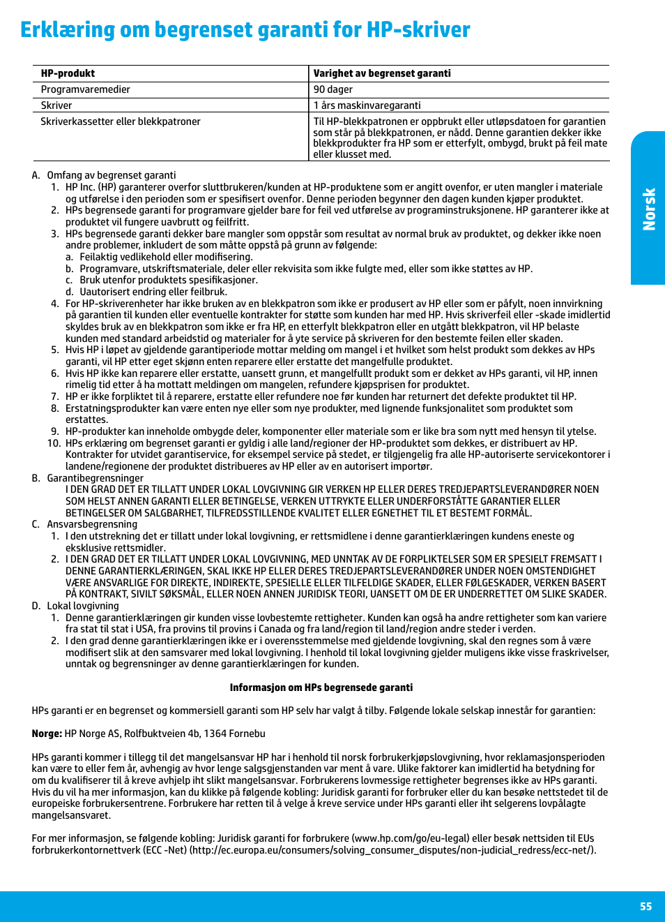 Erklæring om begrenset garanti for hp-skriver, Nor sk | HP DeskJet 3700 User Manual | Page 55 / 85