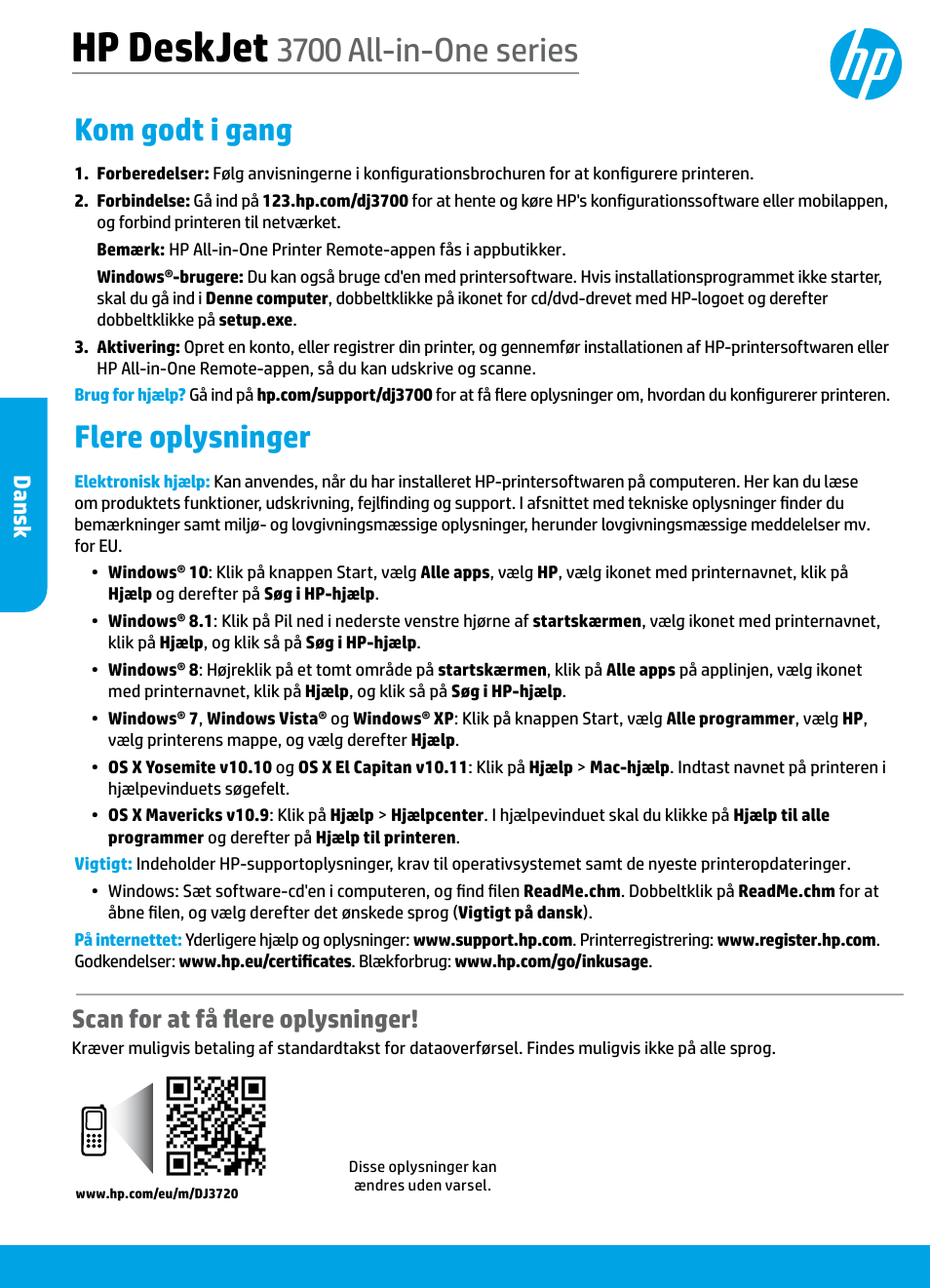 Dansk, Hp deskjet, 3700 all-in-one series | Kom godt i gang, Flere oplysninger, Scan for at få flere oplysninger | HP DeskJet 3700 User Manual | Page 56 / 85