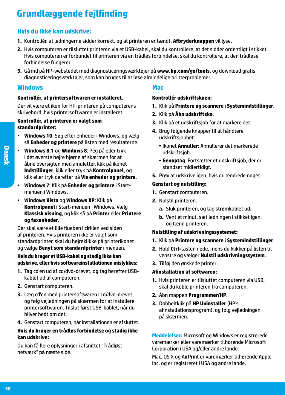 Grundlæggende fejlfinding, Dansk, Mac windows | Hvis du ikke kan udskrive | HP DeskJet 3700 User Manual | Page 58 / 85