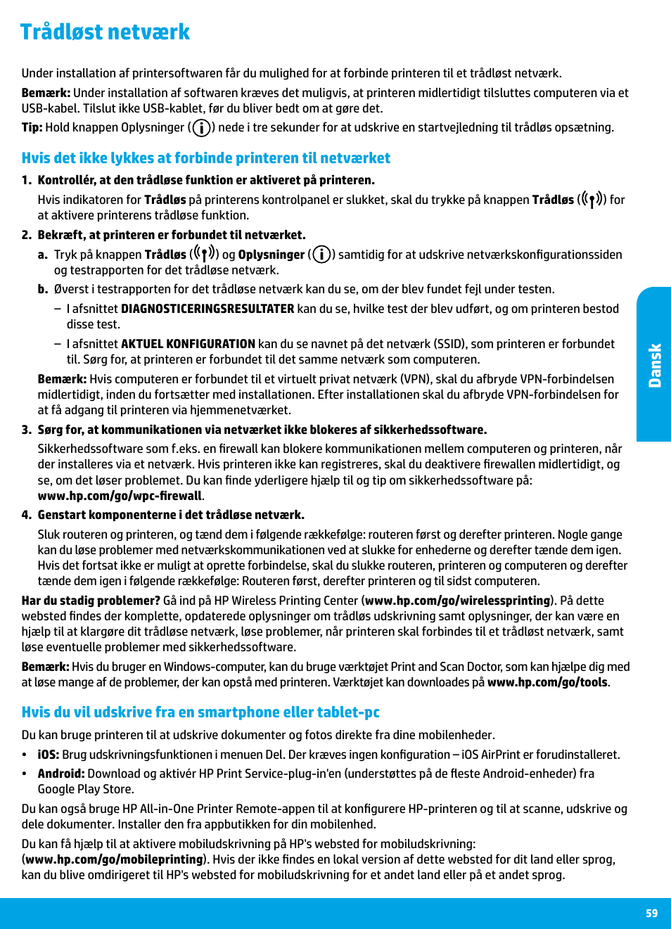 Trådløst netværk, Dansk | HP DeskJet 3700 User Manual | Page 59 / 85