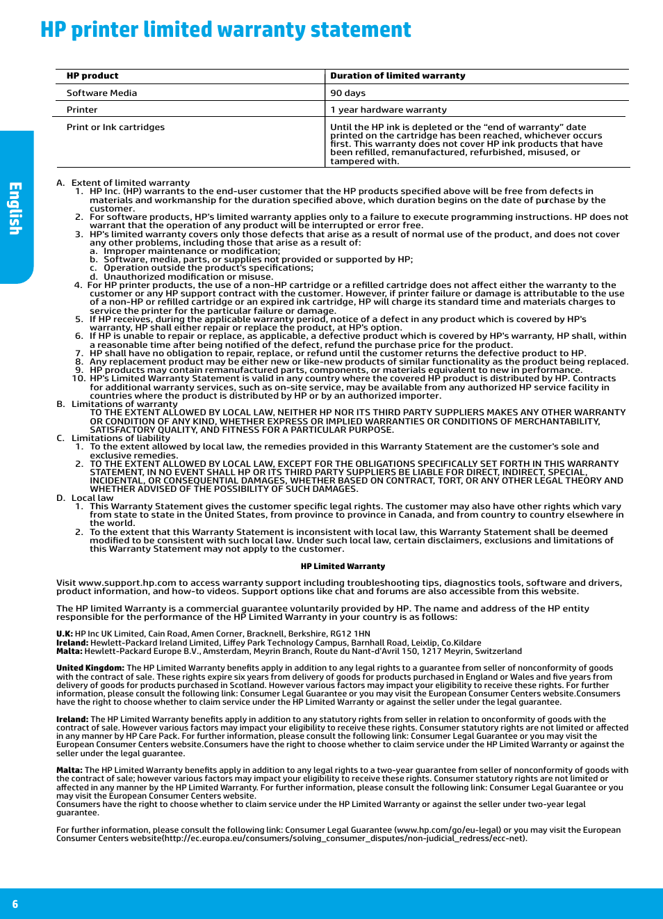 Hp printer limited warranty statement, English | HP DeskJet 3700 User Manual | Page 6 / 85