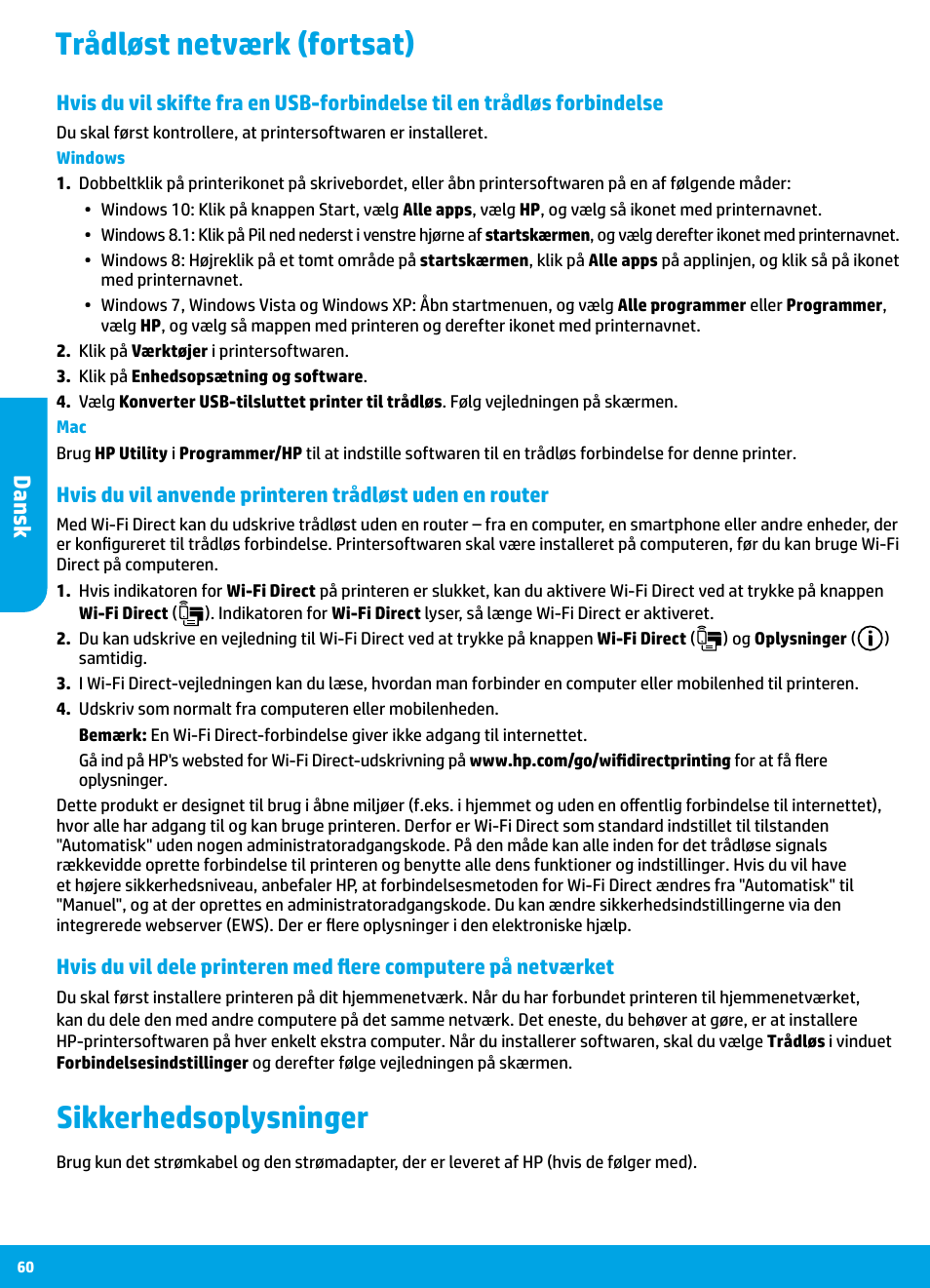 Trådløst netværk (fortsat) sikkerhedsoplysninger, Dansk | HP DeskJet 3700 User Manual | Page 60 / 85