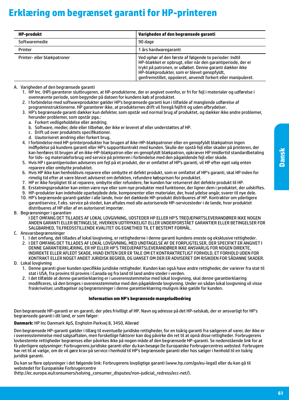 Erklæring om begrænset garanti for hp-printeren, Dansk | HP DeskJet 3700 User Manual | Page 61 / 85