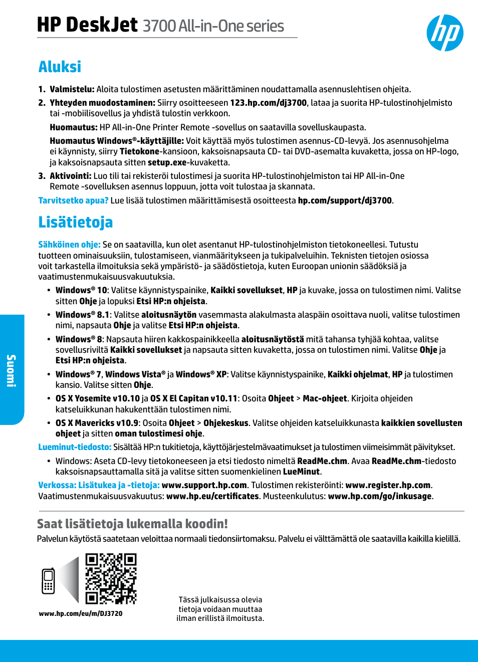 Suomi, Hp deskjet, 3700 all-in-one series | Aluksi, Lisätietoja, Saat lisätietoja lukemalla koodin | HP DeskJet 3700 User Manual | Page 62 / 85