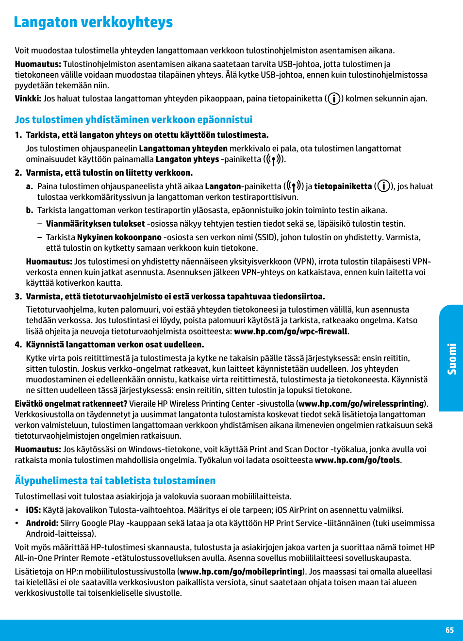 Langaton verkkoyhteys, Suomi, Jos tulostimen yhdistäminen verkkoon epäonnistui | Älypuhelimesta tai tabletista tulostaminen | HP DeskJet 3700 User Manual | Page 65 / 85