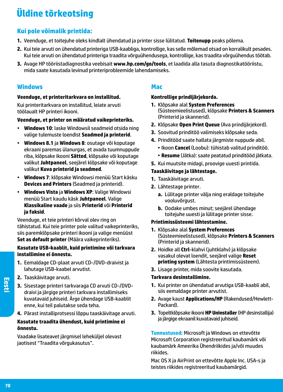 Üldine tõrkeotsing, Ee sti, Mac windows | Kui pole võimalik printida | HP DeskJet 3700 User Manual | Page 70 / 85