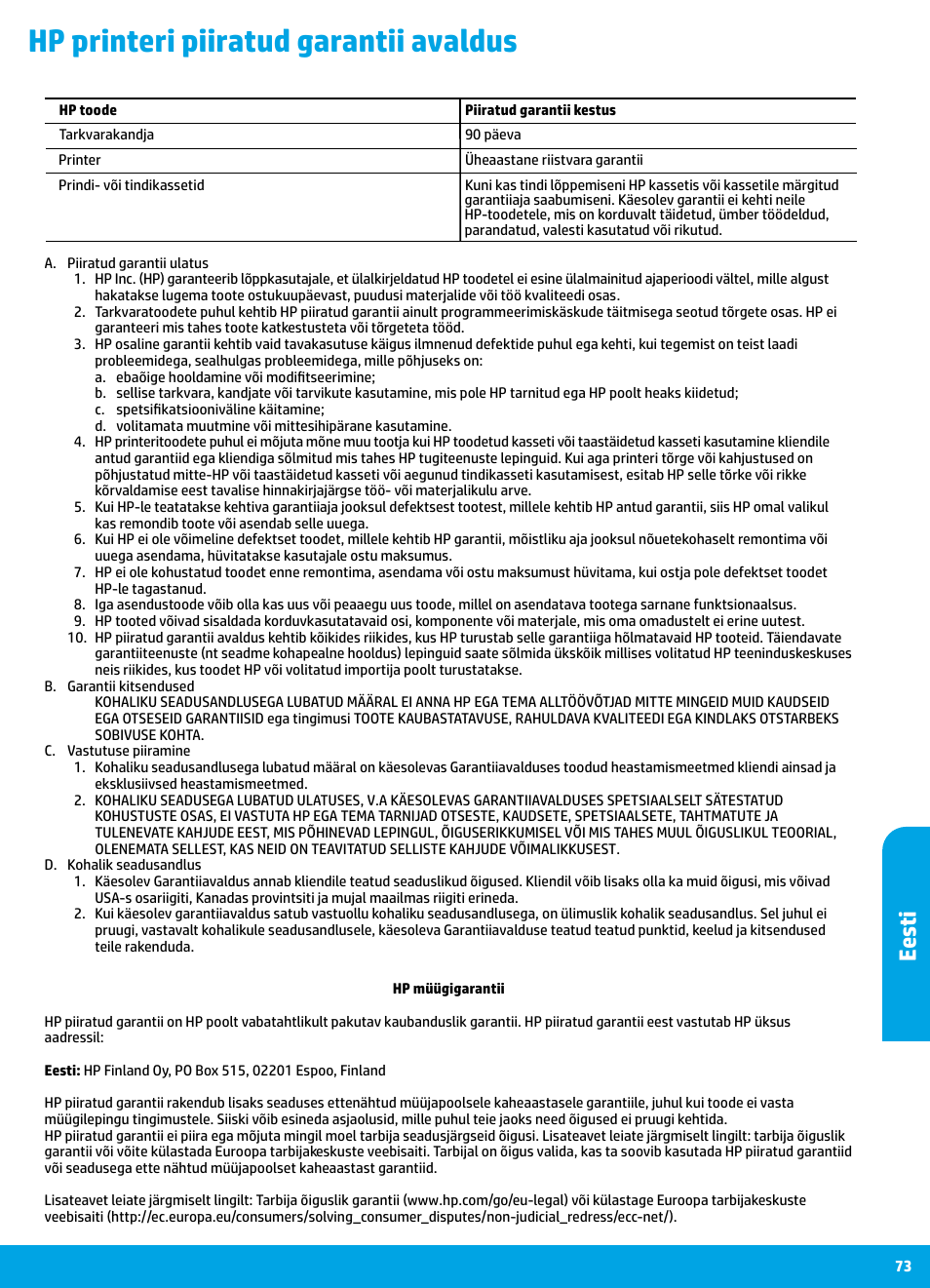 Hp printeri piiratud garantii avaldus, Ee st i | HP DeskJet 3700 User Manual | Page 73 / 85