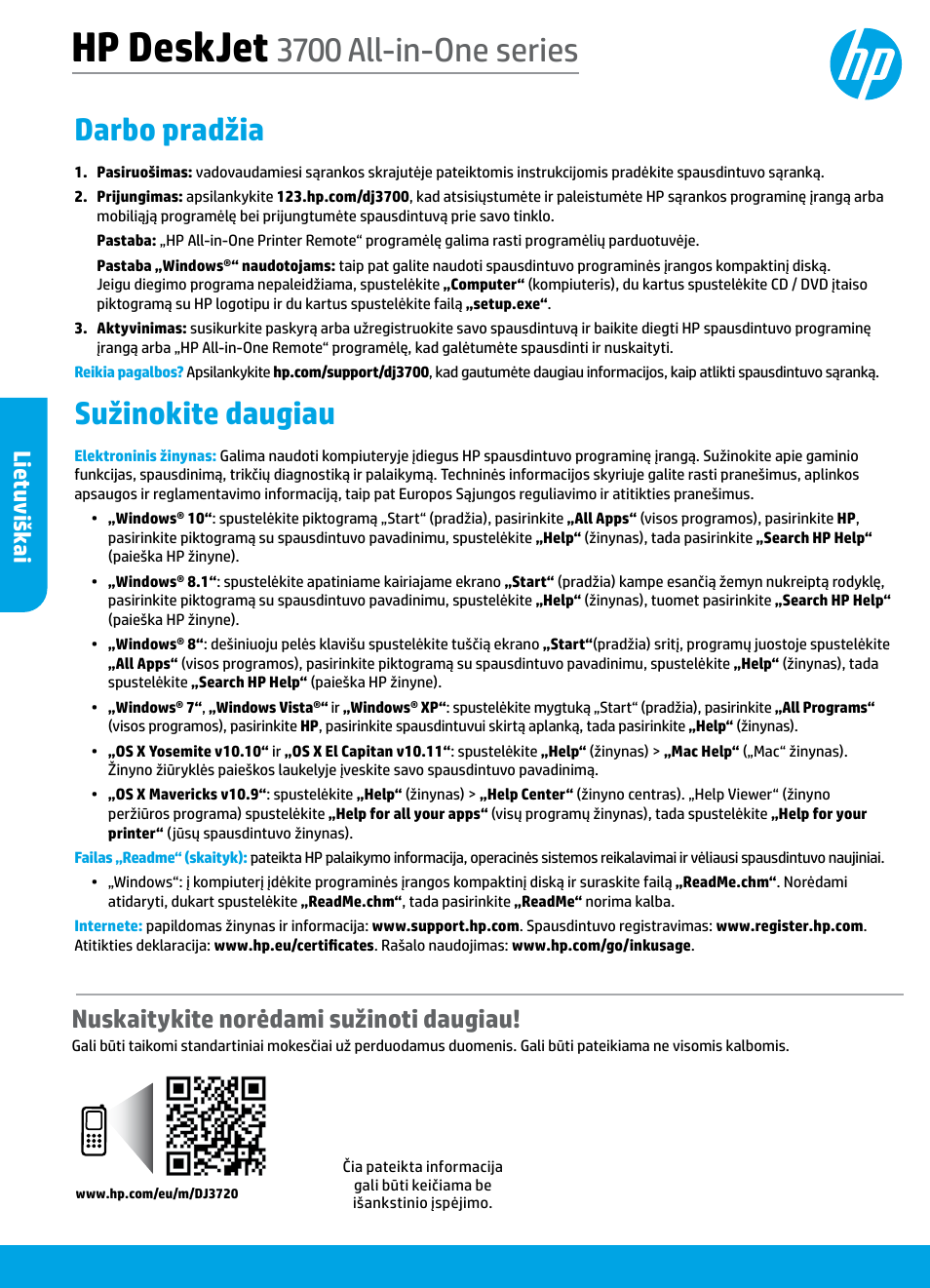 Lietuviškai, Hp deskjet, 3700 all-in-one series | Darbo pradžia, Sužinokite daugiau, Nuskaitykite norėdami sužinoti daugiau, Lietuvišk ai | HP DeskJet 3700 User Manual | Page 80 / 85