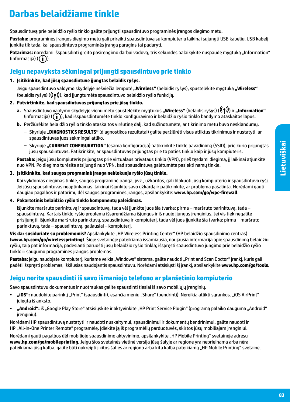 Darbas belaidžiame tinkle, Lietuvišk ai | HP DeskJet 3700 User Manual | Page 83 / 85