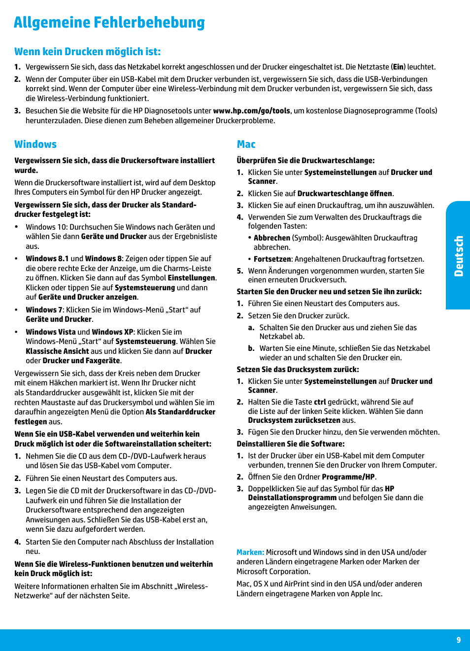 Allgemeine fehlerbehebung, Deutsch, Mac windows | Wenn kein drucken möglich ist | HP DeskJet 3700 User Manual | Page 9 / 85