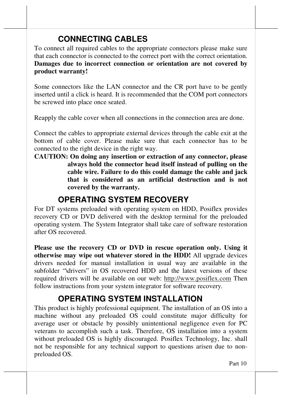 Connecting cables, Operating system recovery, Operating system installation | Posiflex DT-308 User Manual | Page 10 / 16