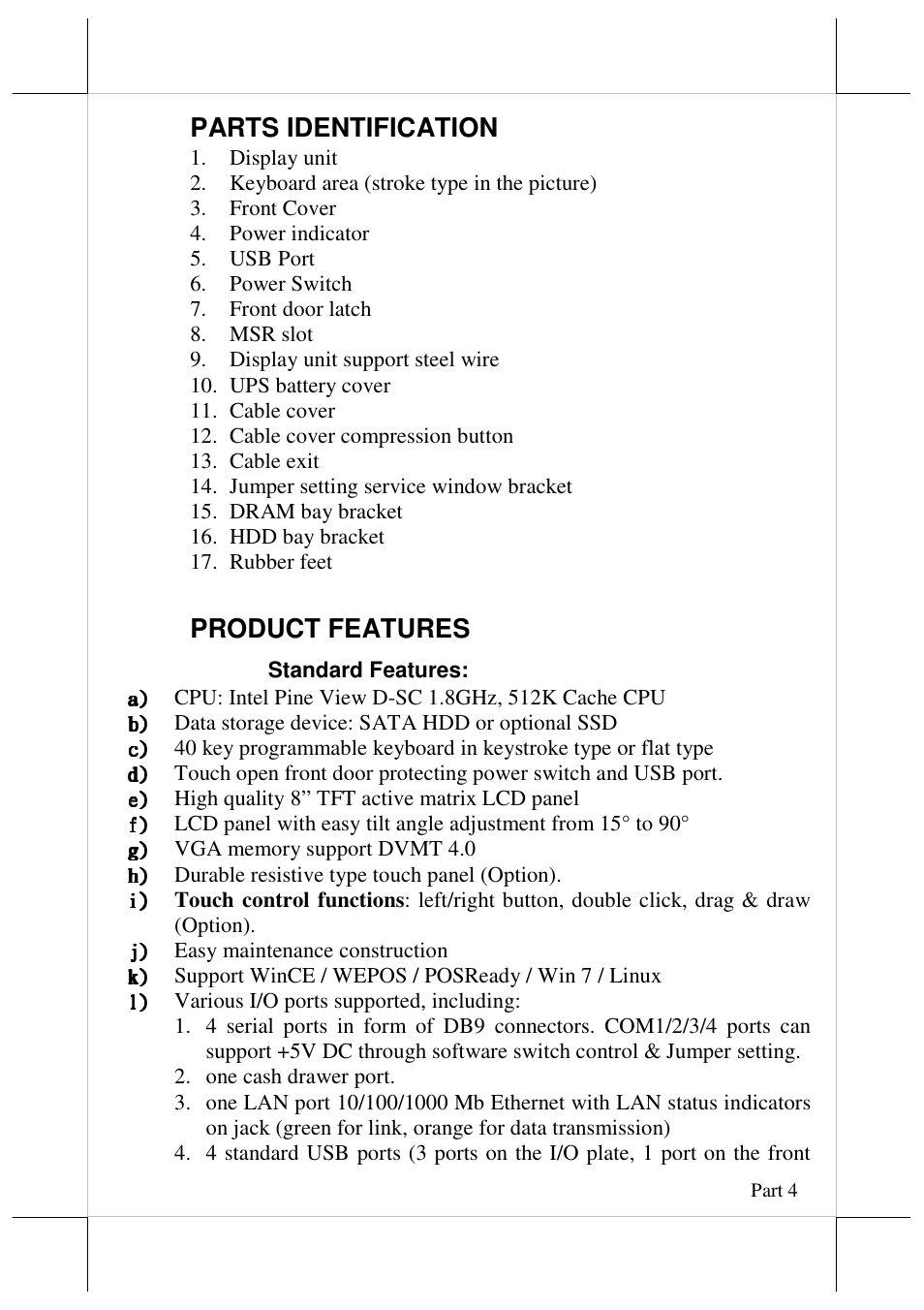 Parts identification, Product features | Posiflex DT-308 User Manual | Page 4 / 16