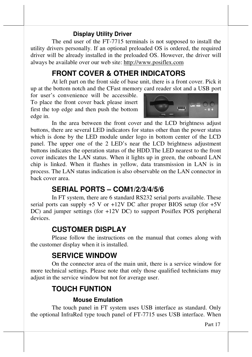 Front cover & other indicators, Customer display, Service window | Touch funtion | Posiflex FT-7715 User Manual | Page 17 / 18