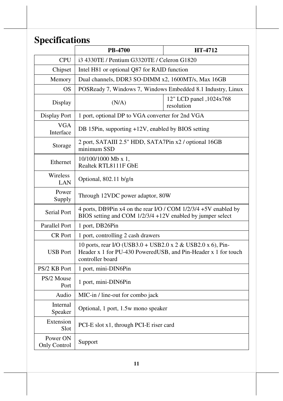 Specifications | Posiflex HT-4712 User Manual | Page 11 / 12