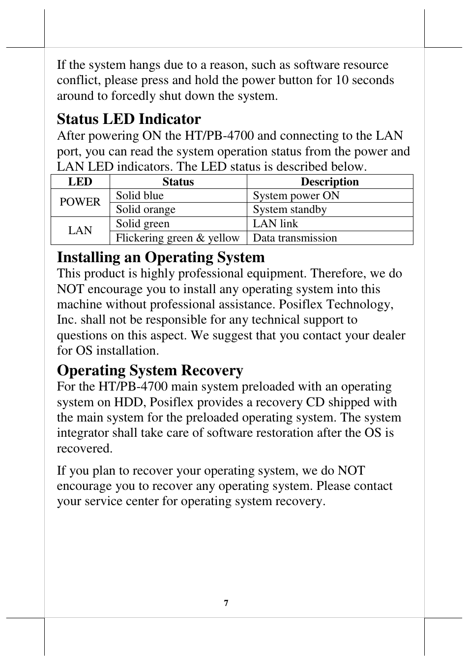 Status led indicator, Installing an operating system, Operating system recovery | Posiflex HT-4712 User Manual | Page 7 / 12