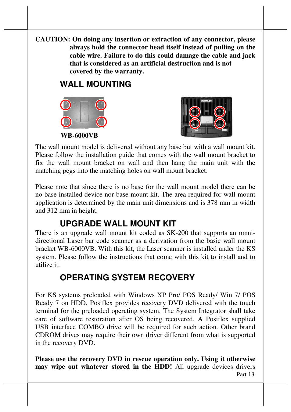 Wall mounting, Upgrade wall mount kit, Operating system recovery | Posiflex JIVA KS-7717 User Manual | Page 13 / 19