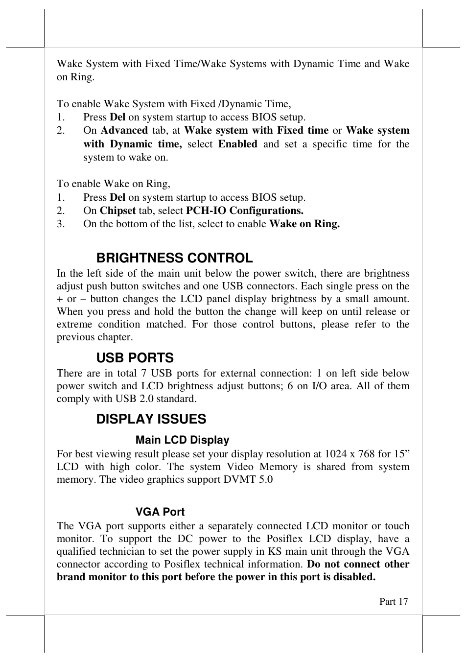 Brightness control, Usb ports, Display issues | Posiflex JIVA KS-7717 User Manual | Page 17 / 19