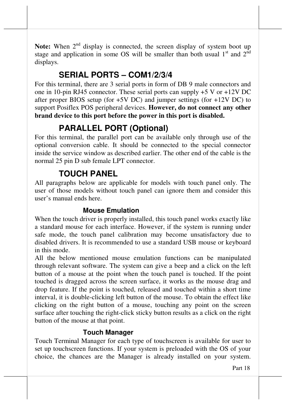 Serial ports – com1/2/3/4, Parallel port (optional), Touch panel | Posiflex JIVA KS-7717 User Manual | Page 18 / 19