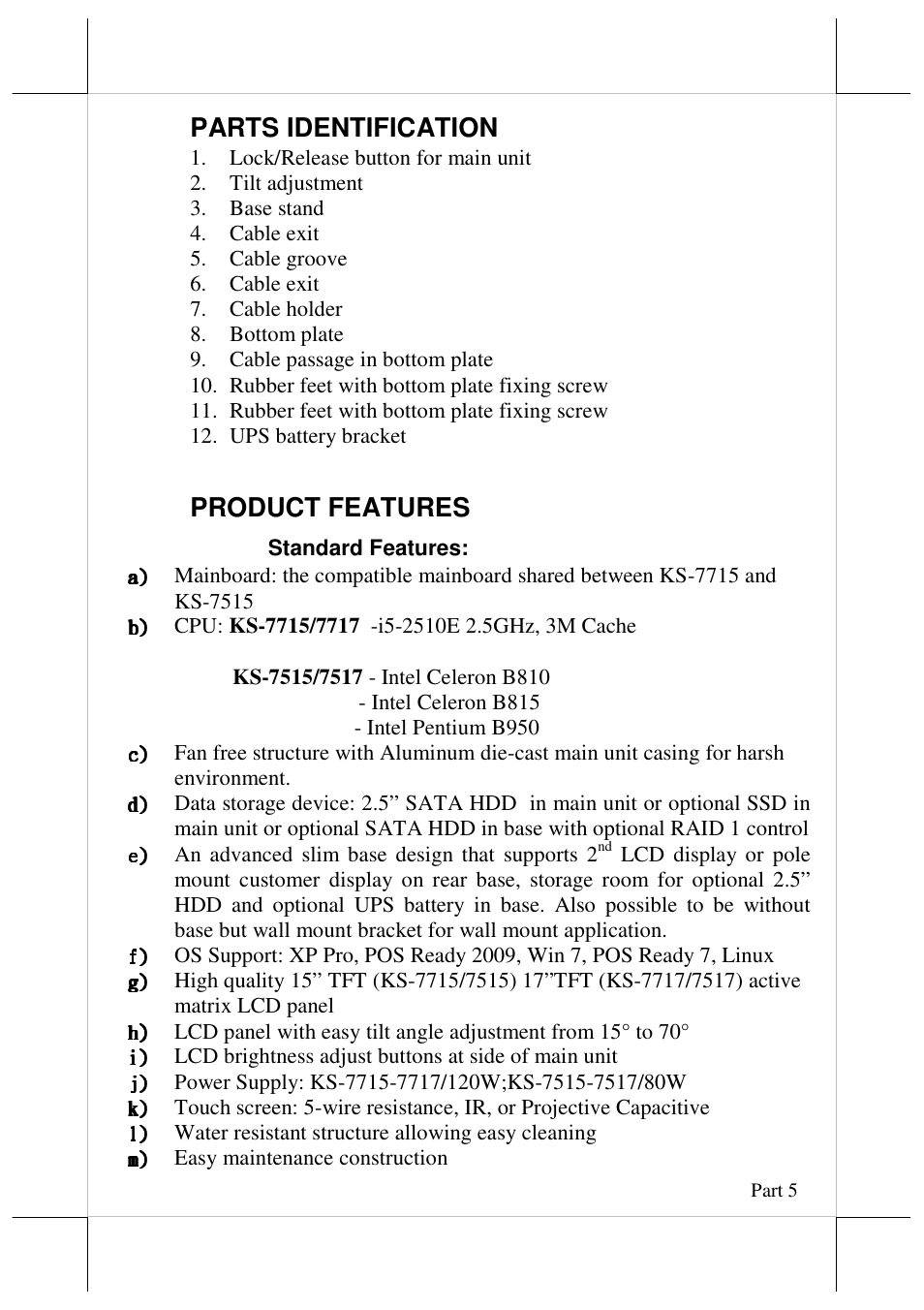 Parts identification, Product features | Posiflex JIVA KS-7717 User Manual | Page 5 / 19