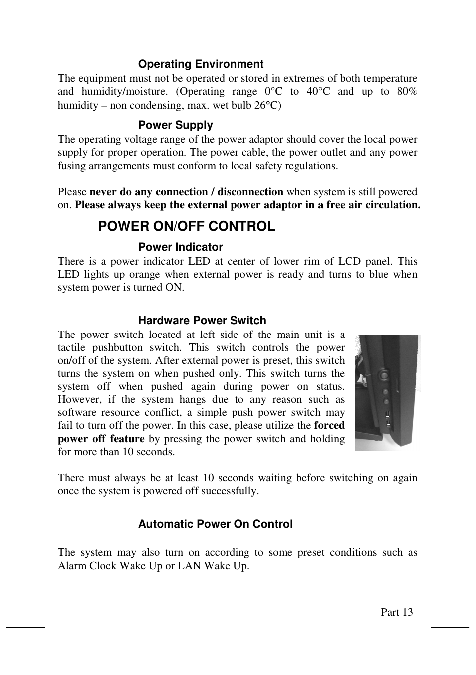 Power on/off control | Posiflex JIVA KS-7212X User Manual | Page 13 / 16