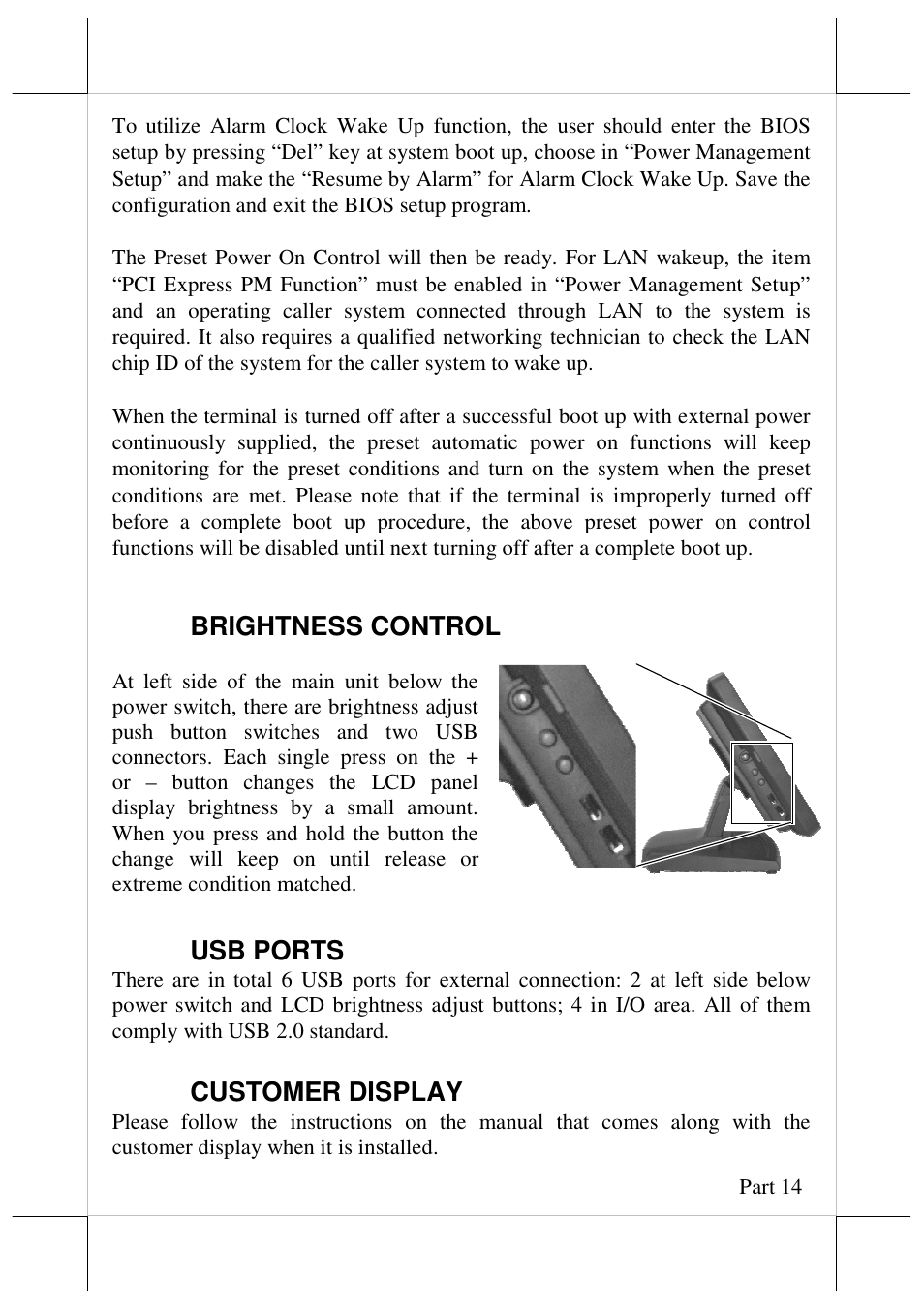 Brightness control, Usb ports, Customer display | Posiflex JIVA KS-7212X User Manual | Page 14 / 16