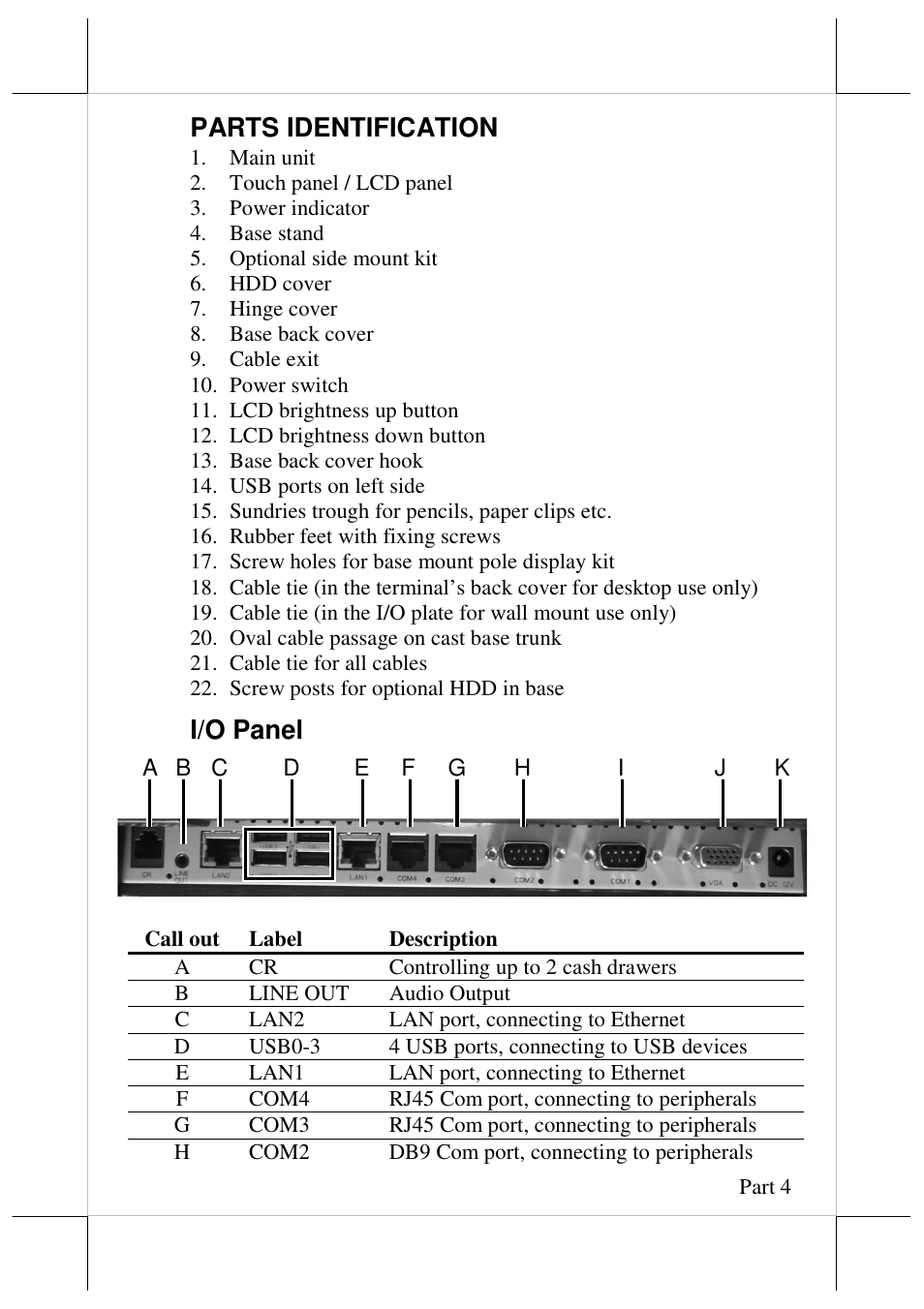 Parts identification, I/o panel | Posiflex JIVA KS-7212X User Manual | Page 4 / 16