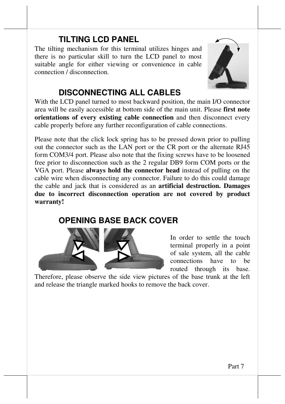 Tilting lcd panel, Disconnecting all cables, Opening base back cover | Posiflex JIVA KS-7212X User Manual | Page 7 / 16