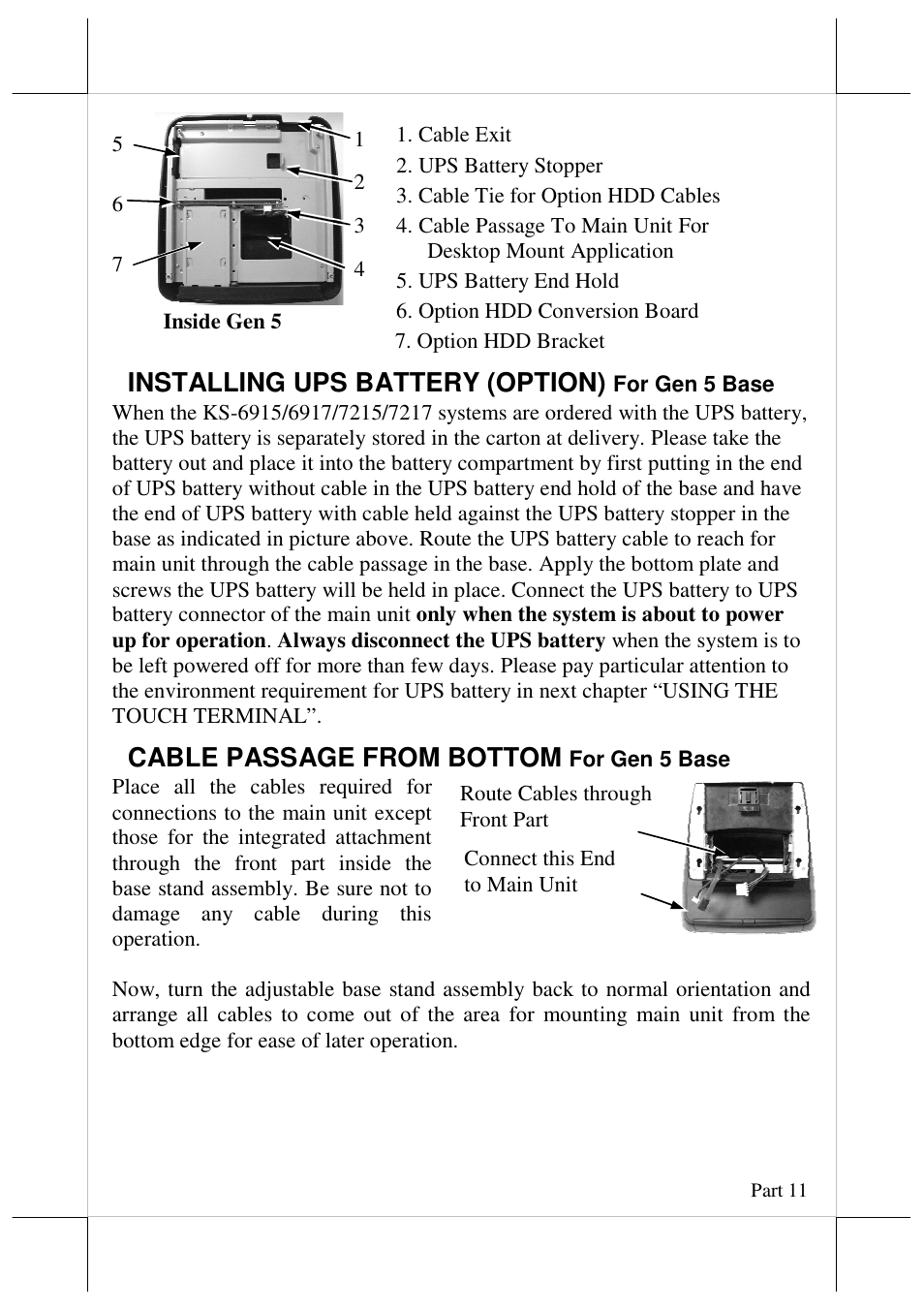 Installing ups battery (option), Cable passage from bottom | Posiflex JIVA KS-7215 User Manual | Page 11 / 20