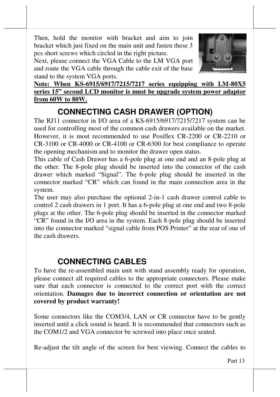 Connecting cash drawer (option), Connecting cables | Posiflex JIVA KS-7215 User Manual | Page 13 / 20