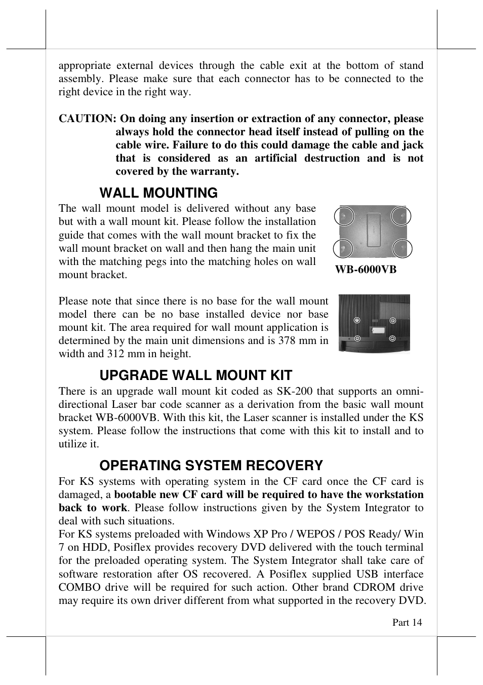 Wall mounting, Upgrade wall mount kit, Operating system recovery | Posiflex JIVA KS-7215 User Manual | Page 14 / 20