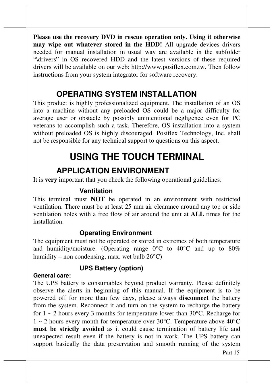 Using the touch terminal, Operating system installation, Application environment | Posiflex JIVA KS-7215 User Manual | Page 15 / 20