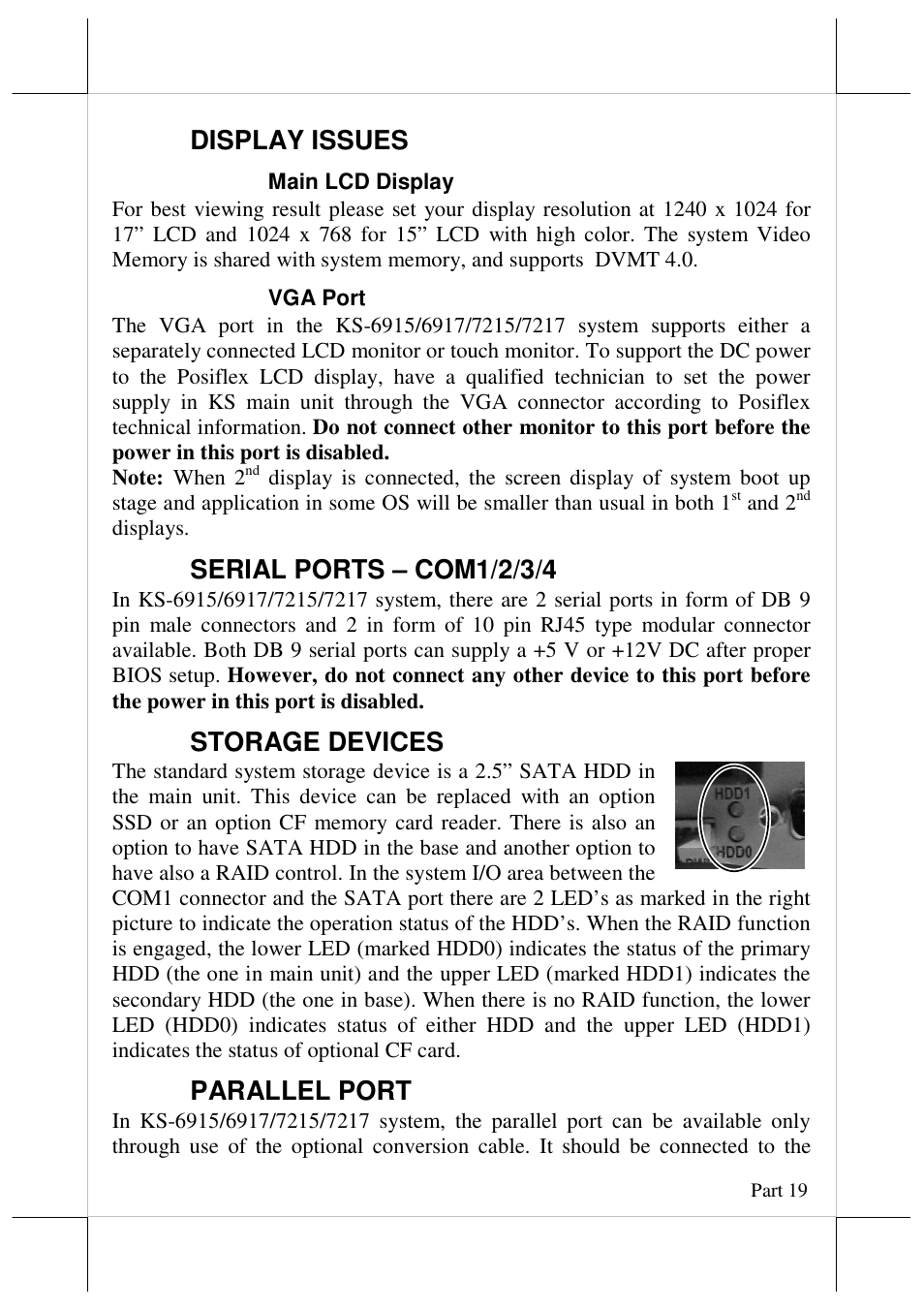 Display issues, Serial ports – com1/2/3/4, Storage devices | Parallel port | Posiflex JIVA KS-7215 User Manual | Page 19 / 20