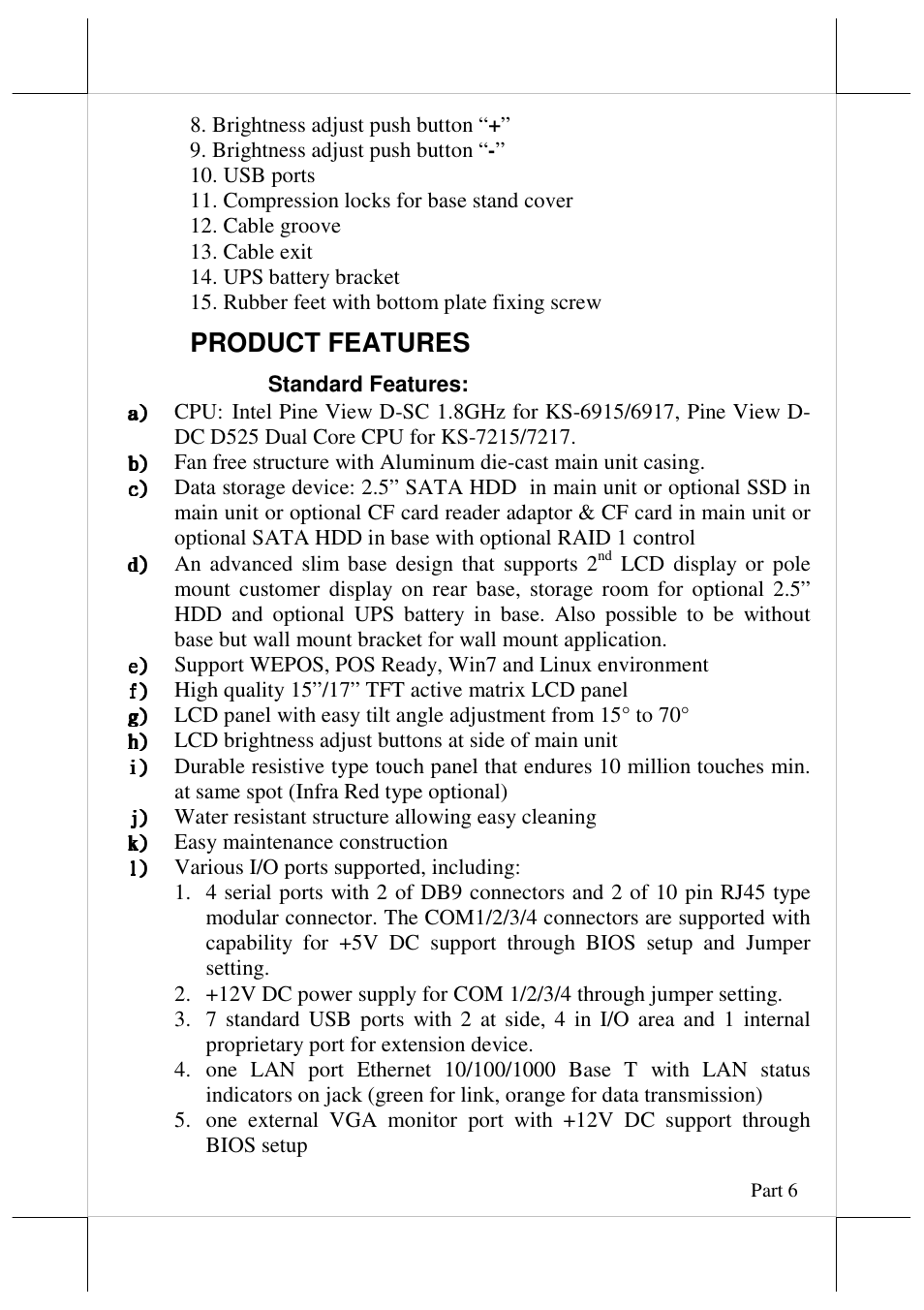 Product features | Posiflex JIVA KS-7215 User Manual | Page 6 / 20