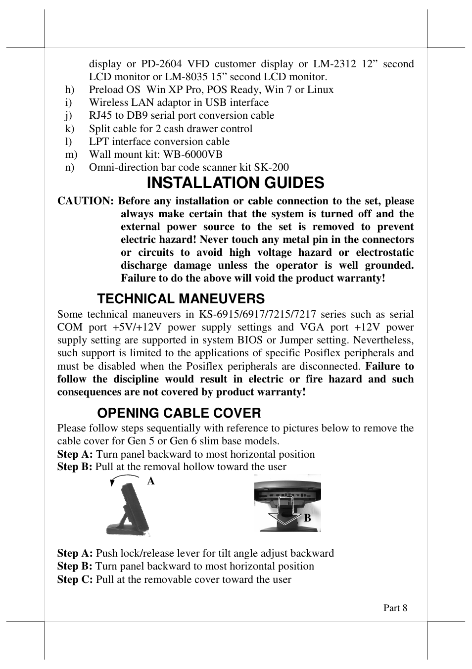 Installation guides, Technical maneuvers, Opening cable cover | Posiflex JIVA KS-7215 User Manual | Page 8 / 20