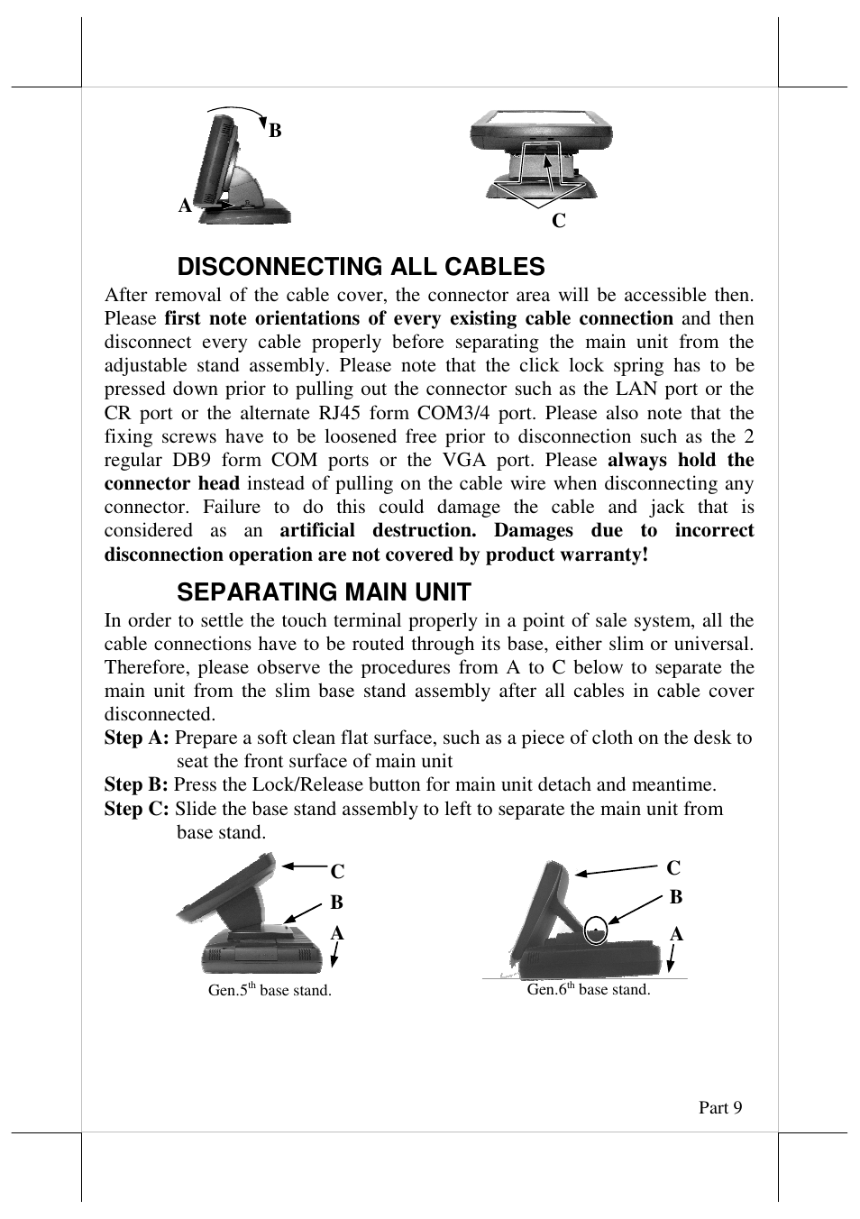 Disconnecting all cables, Separating main unit | Posiflex JIVA KS-7215 User Manual | Page 9 / 20