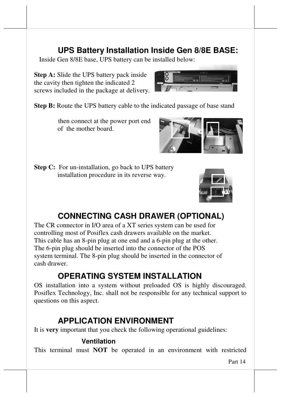 Ups battery installation inside gen 8/8e base, Connecting cash drawer (optional), Operating system installation | Application environment | Posiflex JIVA XT-3015 User Manual | Page 14 / 18